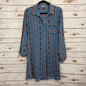 Entro Blue Patterned Southwestern Aztec Tab Sleeve Tunic Blouse/Dress Medium